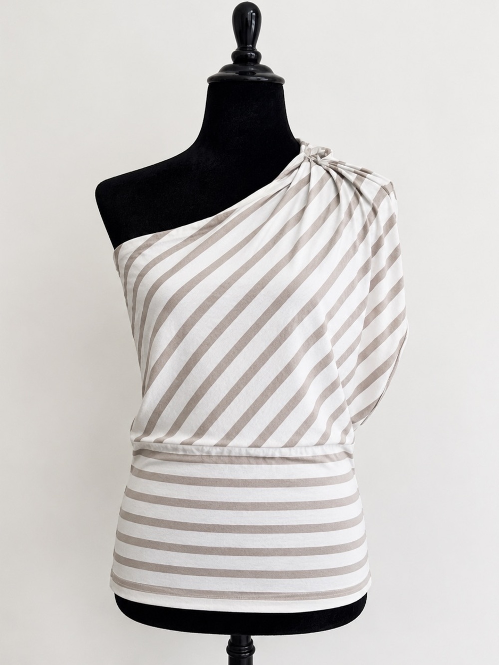White House Black Market One-Shoulder Striped Top in Cream & Tan